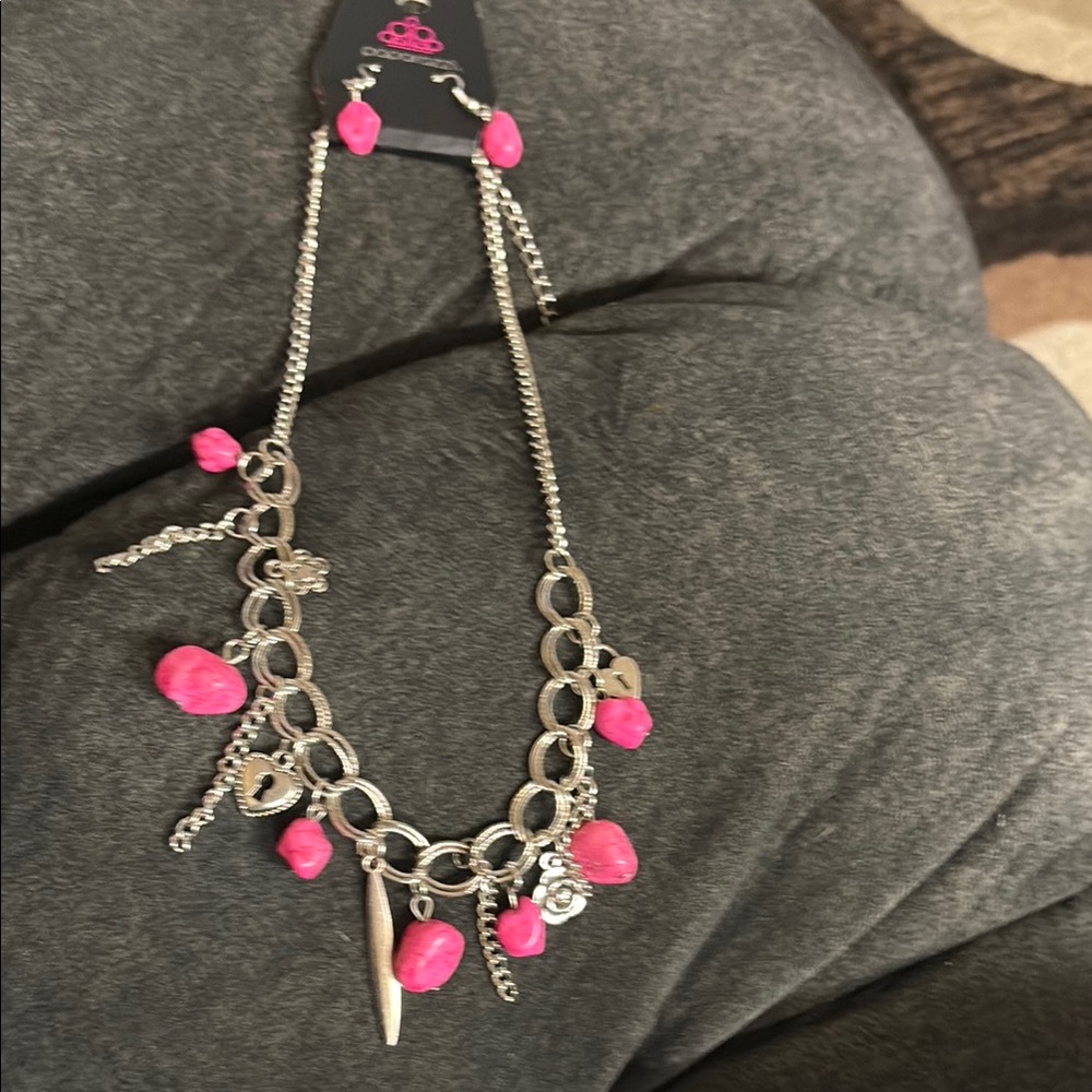 Paparazzi Silver and Pink Charm Necklace Set